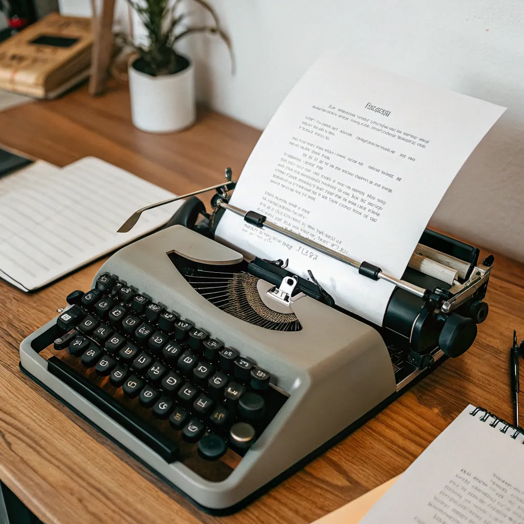 Typewriter with paper displaying creative writing